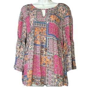 Floral & Ivy Relaxed Fit Boho Plisse Fabric Blouse Womens Size Large Multicolor